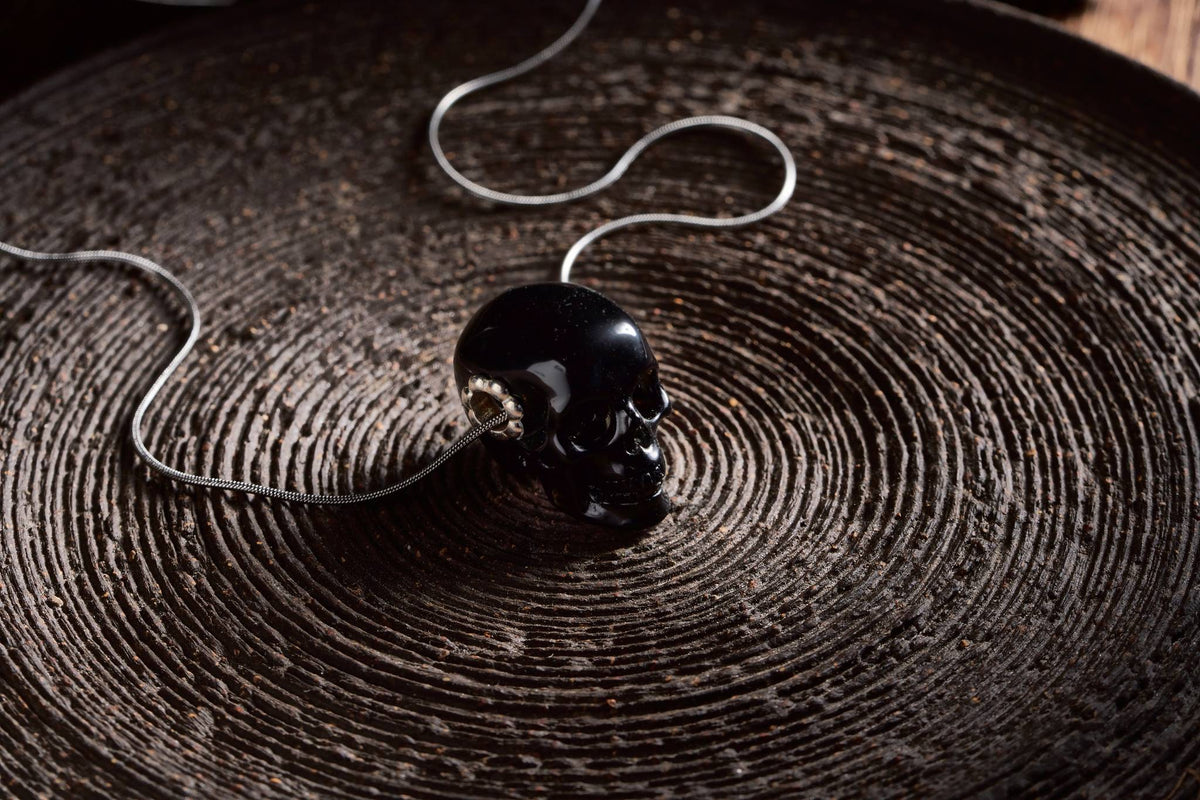 1.0" Black Obsidian Crystal Skull Necklace - Detail A