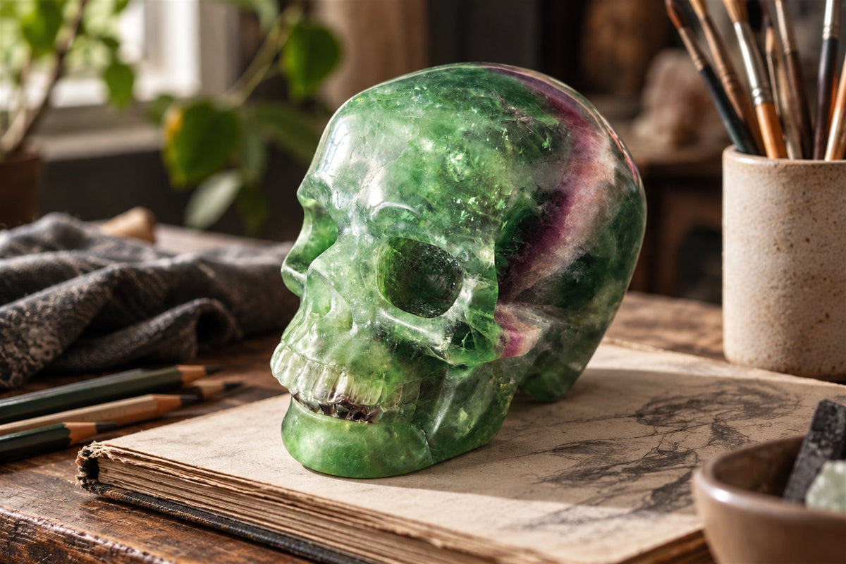 Green and violet fluorite skull carving on an artist sketchbook