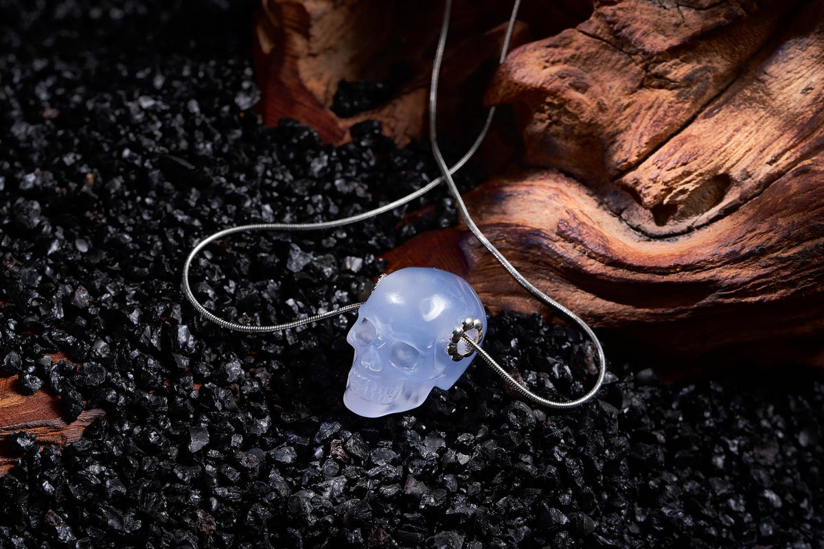 1.0" Blue Chalcedony Crystal Skull Necklace - Detail B