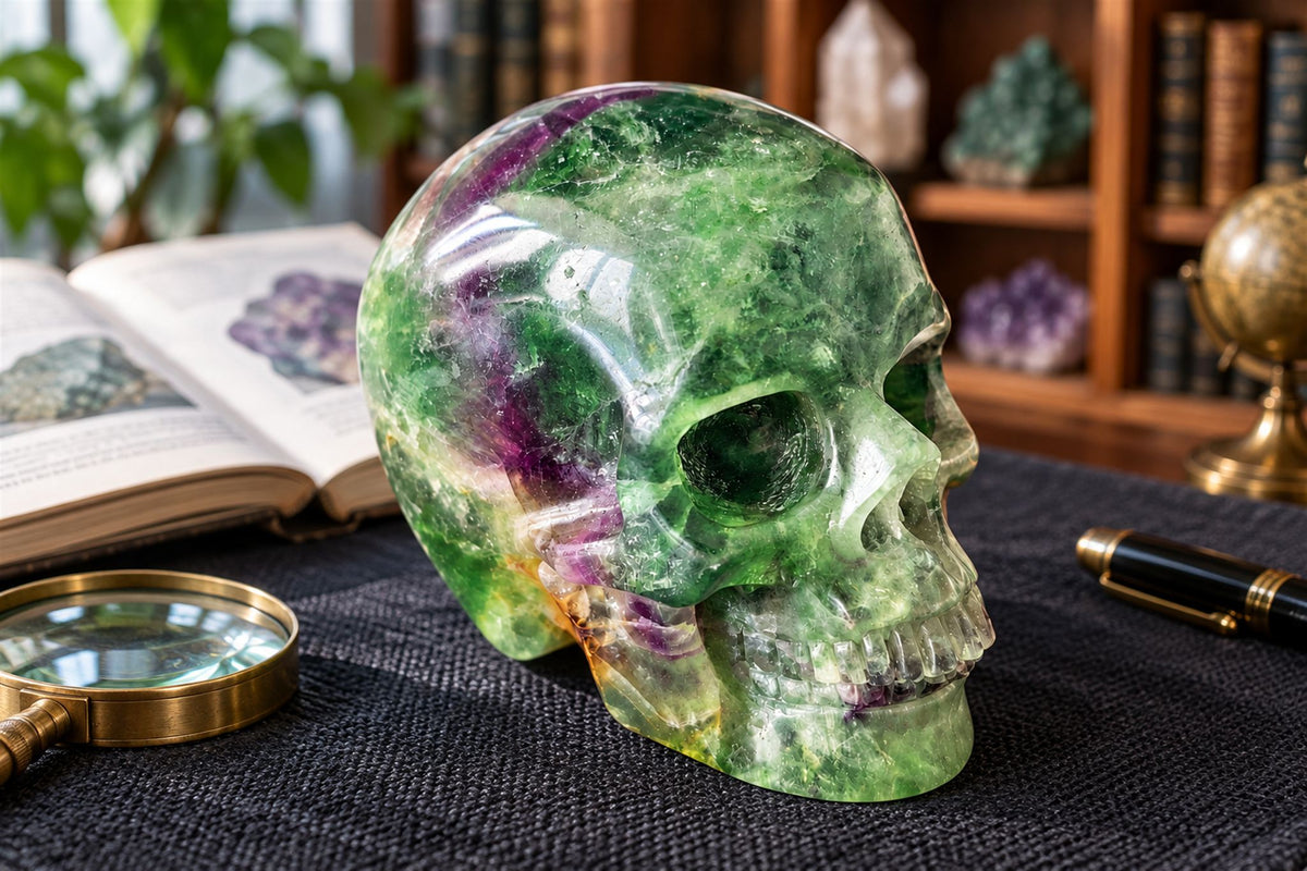 Green fluorite human skull carving on a collector desk with a magnifying glass