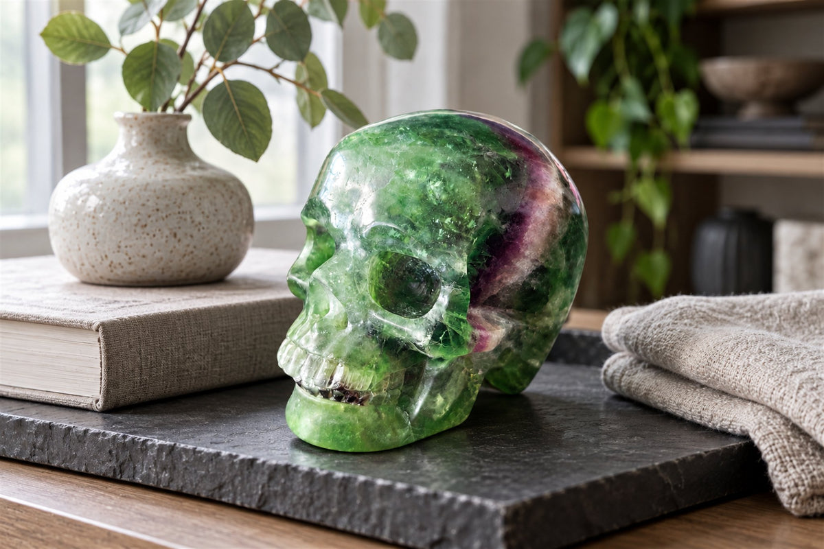 Green and violet fluorite skull carving displayed with books and linen