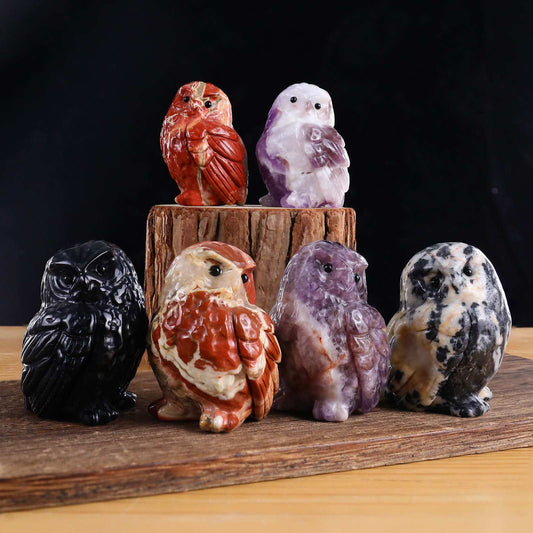 2.5"Natural Crystal Hand Carved Cute Owl Figurine, Spirit Animal Wisdom Stone Spiritual Healing Home Altar Decor