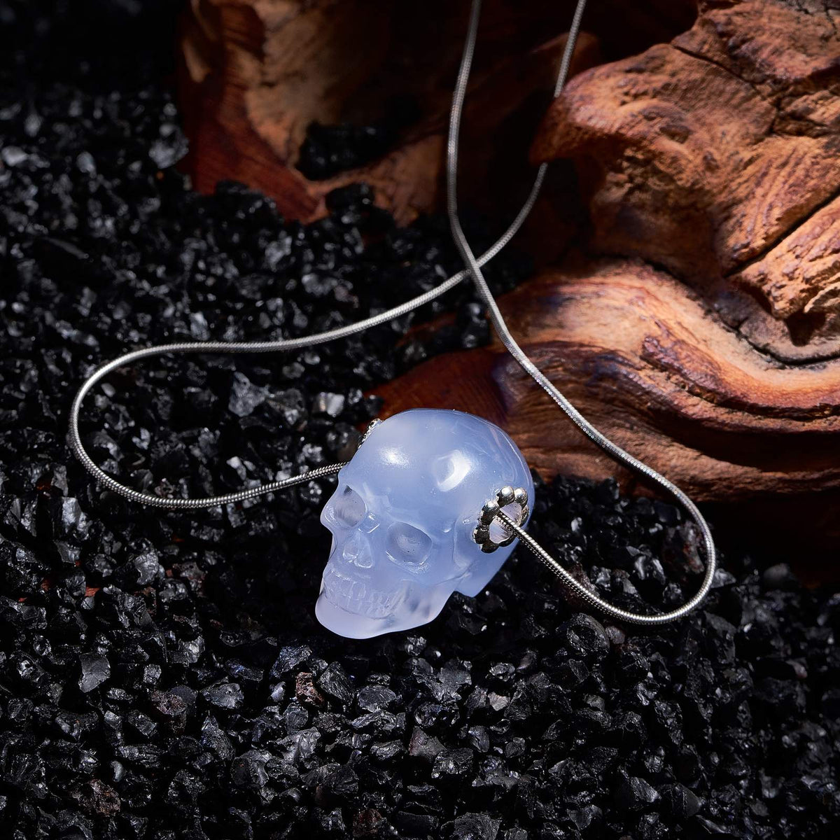 1.0" Blue Chalcedony Crystal Skull Necklace - Natural Stone Setting