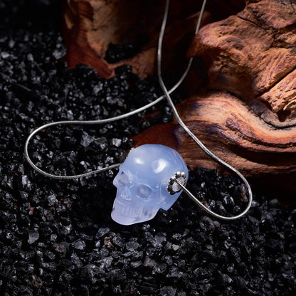 1.0" Blue Chalcedony Crystal Skull Necklace - Natural Stone Setting