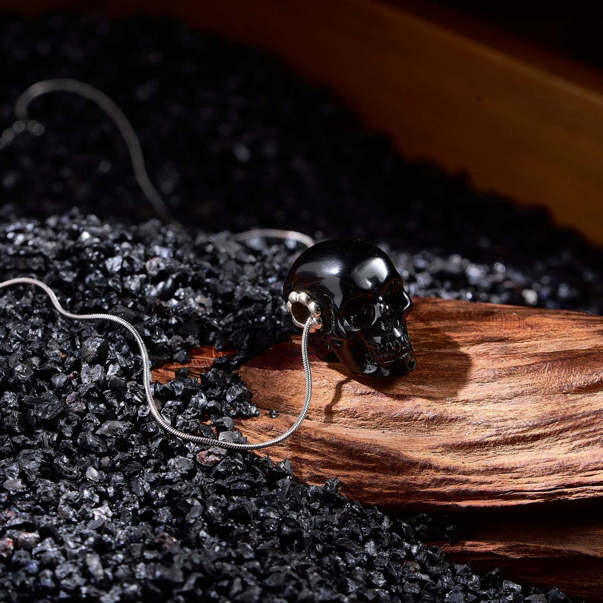 1.0" Black Obsidian Crystal Skull Necklace - Natural Stone Setting