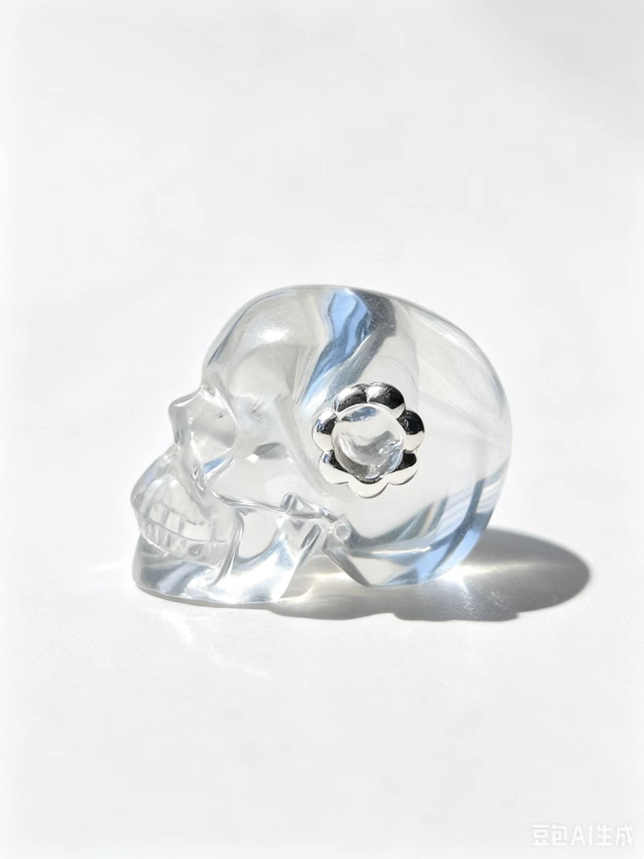 1.0"Clear Quartz Skull Pendant with 925 Sterling Silver Flower Through Bead, Chakra Meditation Healing Jewelry