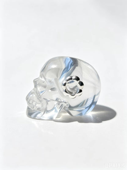 1.0"Clear Quartz Skull Pendant with 925 Sterling Silver Flower Through Bead, Chakra Meditation Healing Jewelry