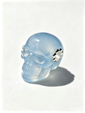 1.0" Blue Chalcedony Skull Pendant with 925 Sterling Silver Flower Through Bead, Chakra Meditation Healing Jewelry