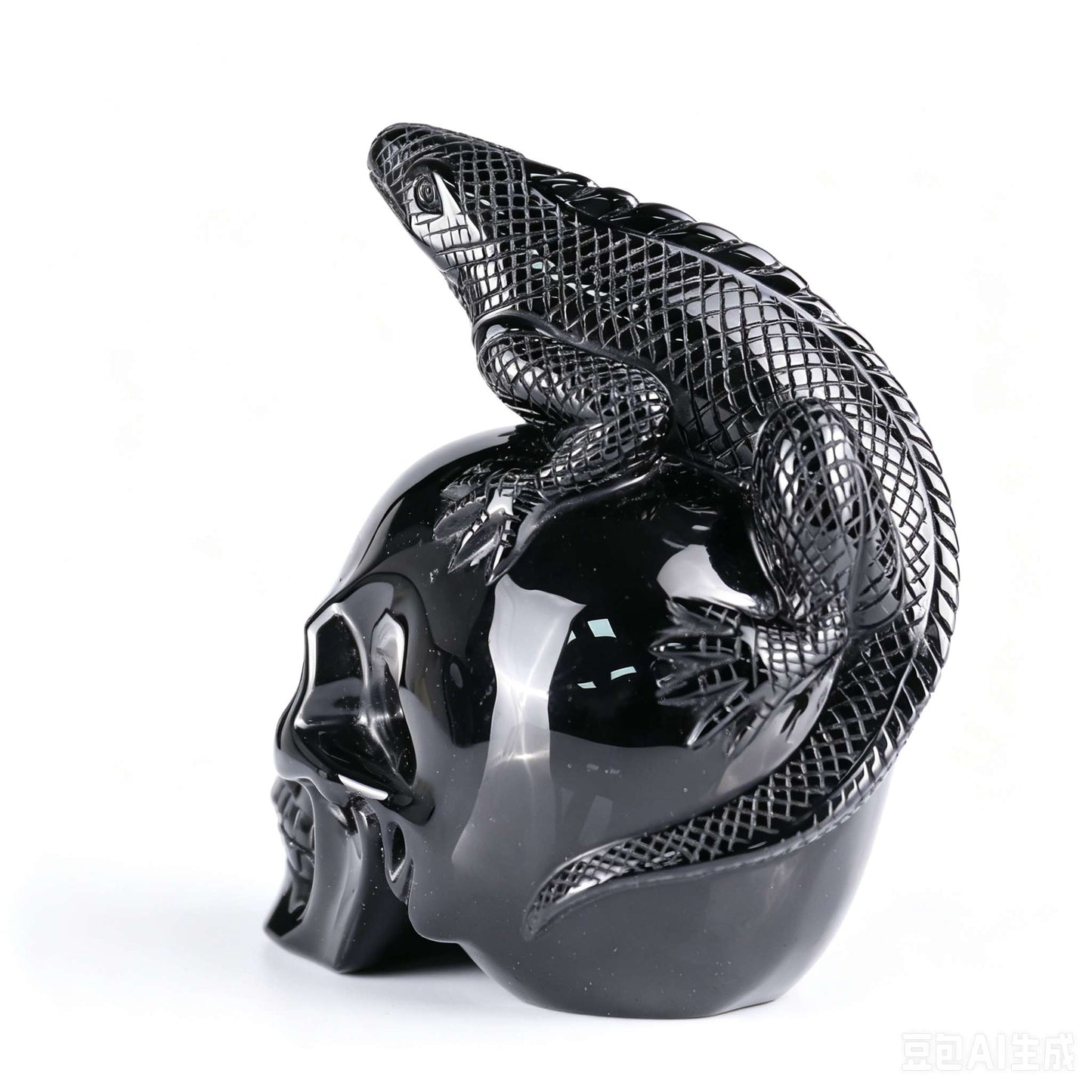 4"Natural Black Obsidian Lizard & Skull Carving, Hand-Carved Crystal Healing Ornament
