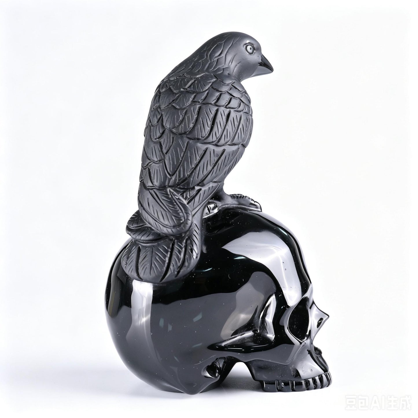 6"Natural Black Obsidian Eagle & Skull Carving, Hand-Carved Crystal Healing Ornament