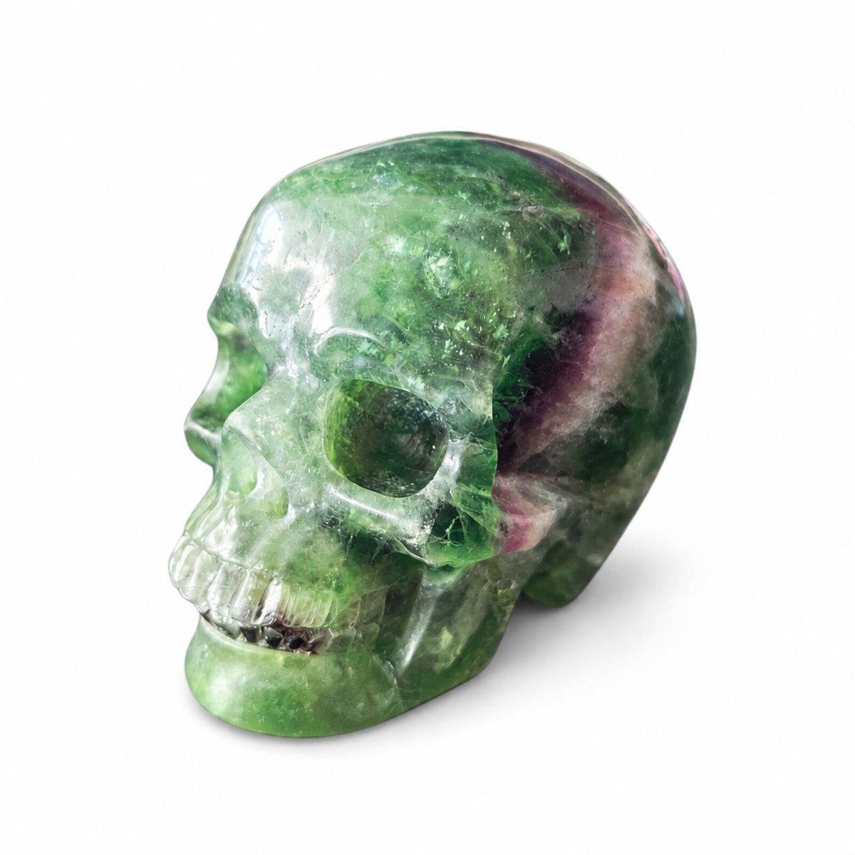 3 inch green fluorite crystal skull, three-quarter view
