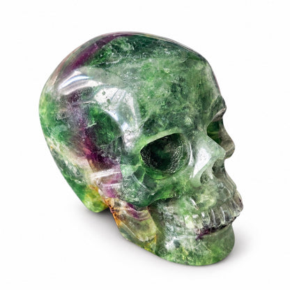 3 inch green fluorite crystal skull, three-quarter view facing right