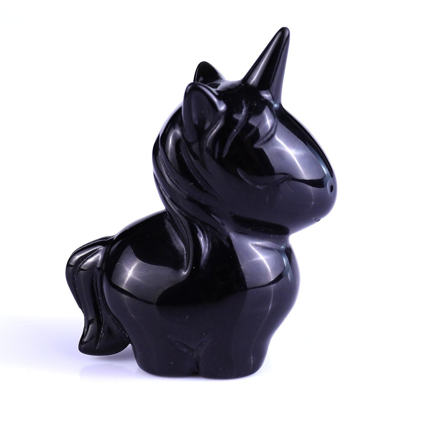 2.75"Natural Black Obsidian Hand Carved Cute Unicorn Crystal Ornament Spiritual Healing Decor