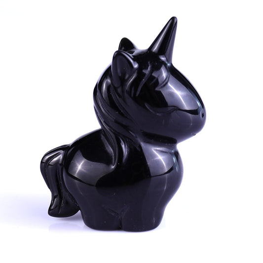 2.75"Natural Black Obsidian Hand Carved Cute Unicorn Crystal Ornament Spiritual Healing Decor