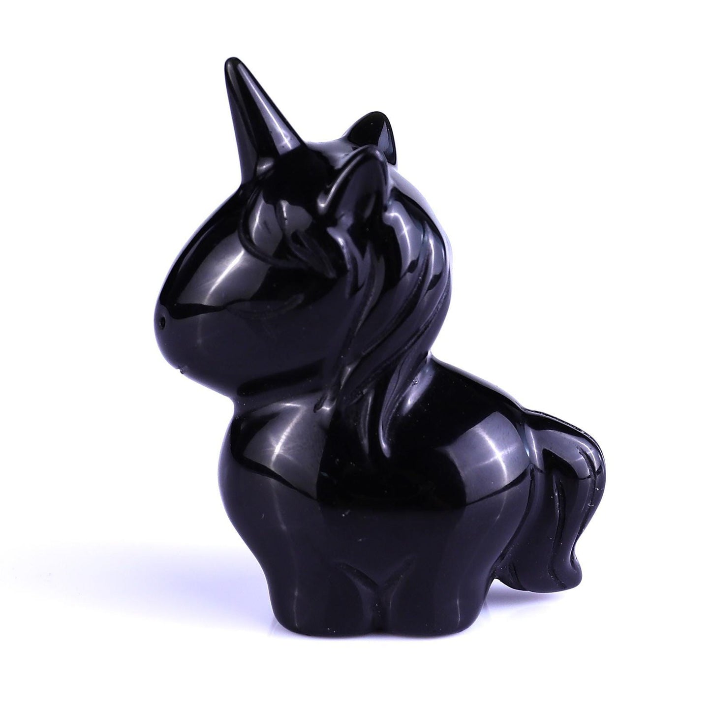 2.75"Natural Black Obsidian Hand Carved Cute Unicorn Crystal Ornament Spiritual Healing Decor